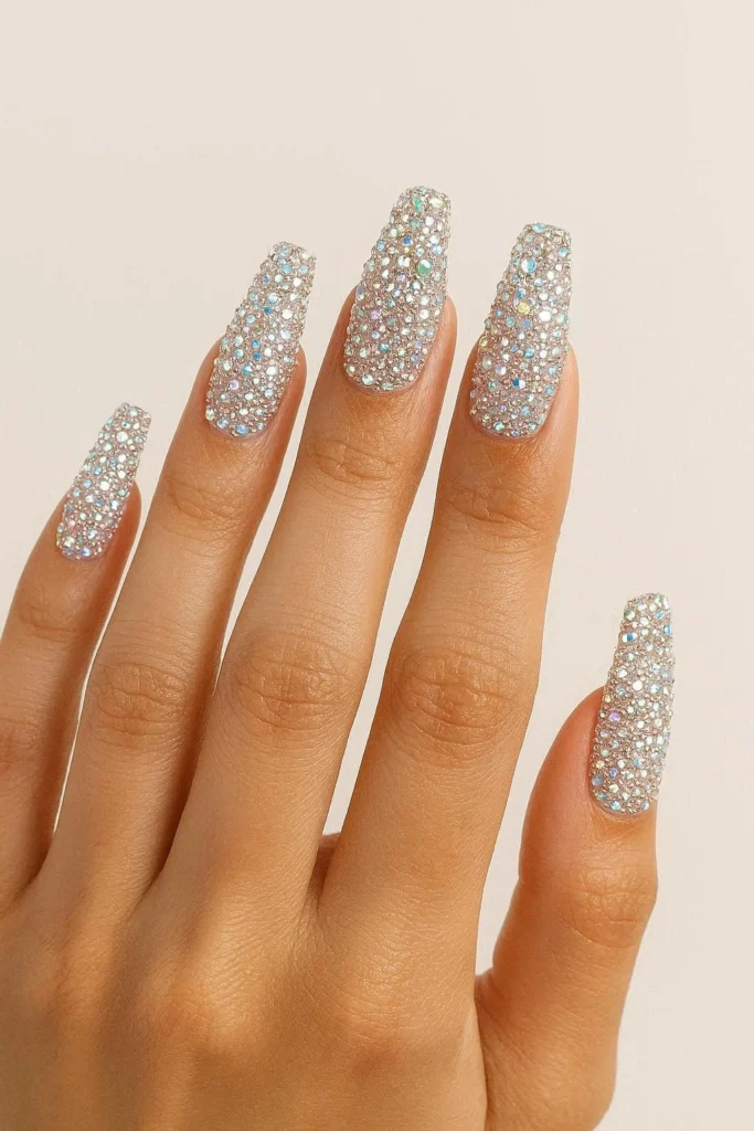 Rhinestone glam festival nails covered in sparkling crystals