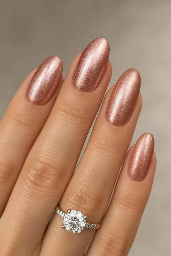 Rose gold engagement nails warm metallic romantic shimmer finish 