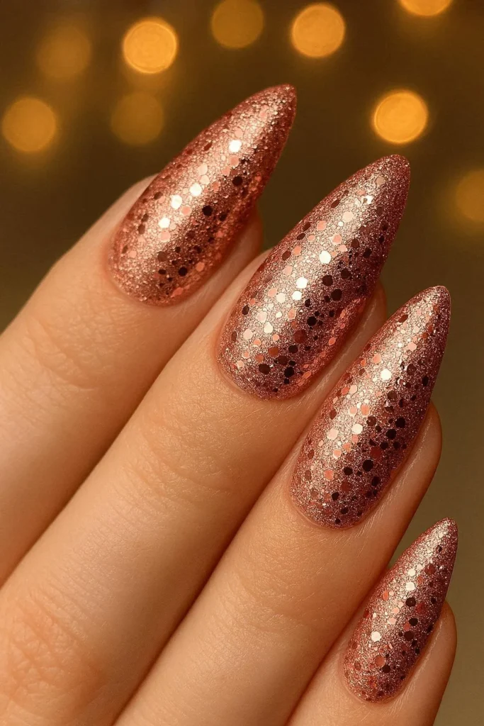 Rose gold glitter sparkle nails for romantic Christmas manicure