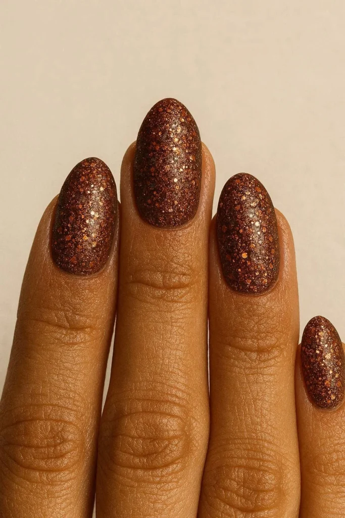 Rustic copper glitter nails earthy vintage Italian Y2K shimmer