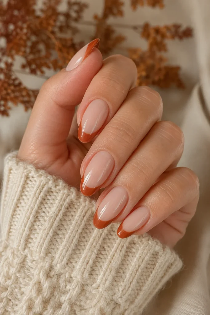 Rustic terracotta French tip almond nails for Thanksgiving fall style