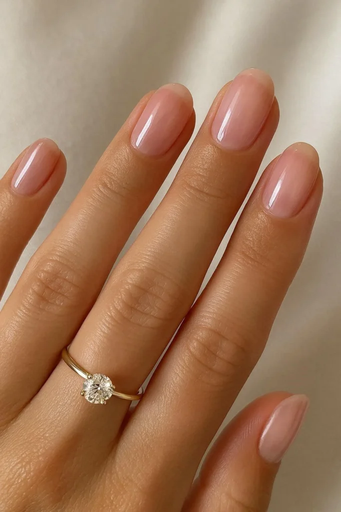 Sheer pink gloss engagement nails natural dewy finish
