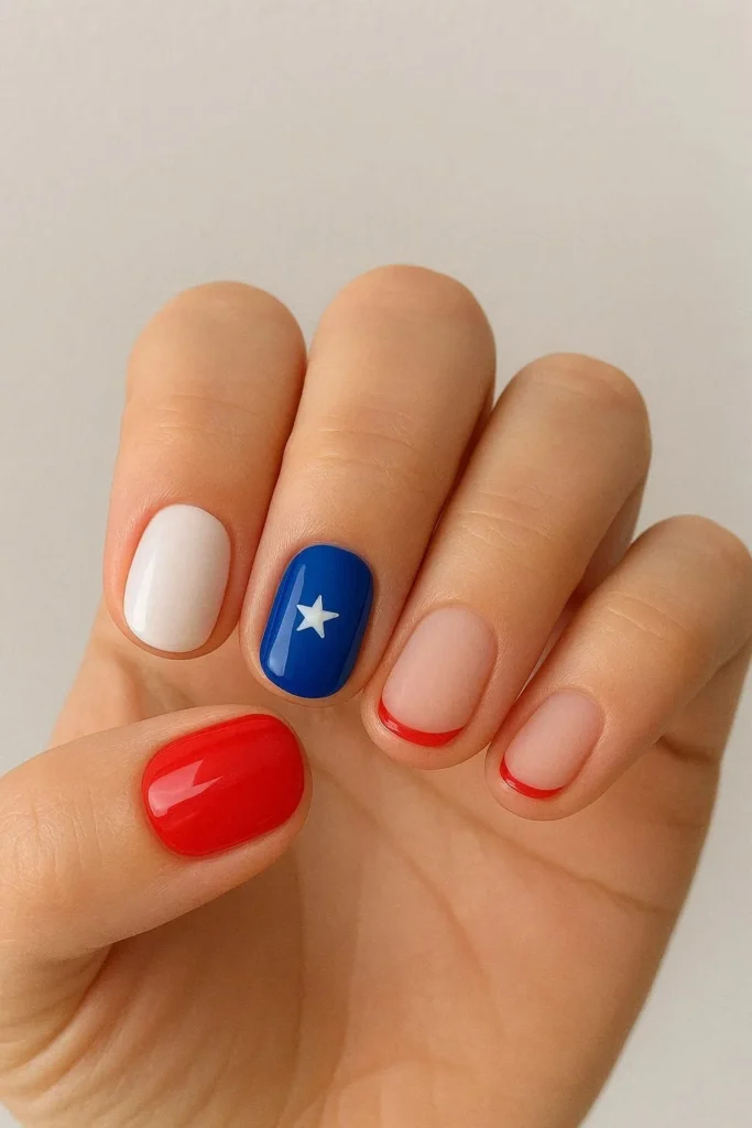 Short 4th of July nails with simple patriotic details