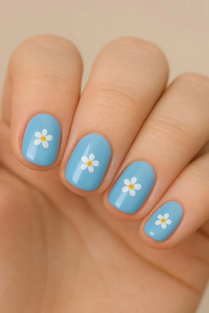  Short nails with small blue floral nail design