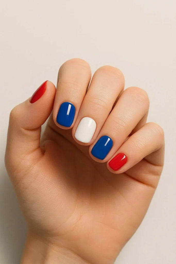 Short memorial day nails in festive patriotic colors