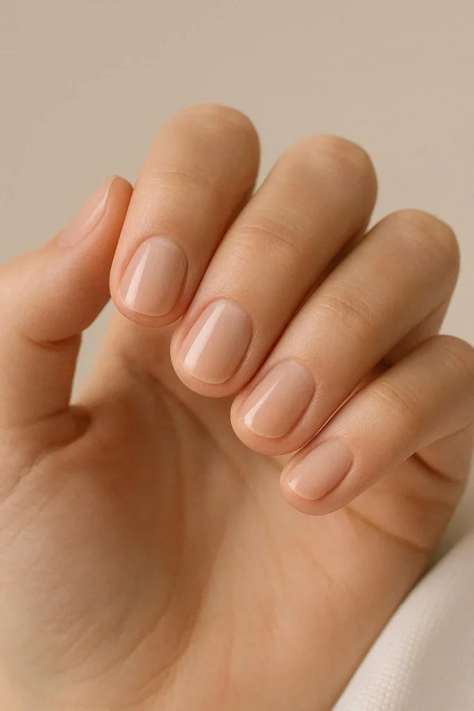 Short natural nude engagement nails clean minimal elegant style 