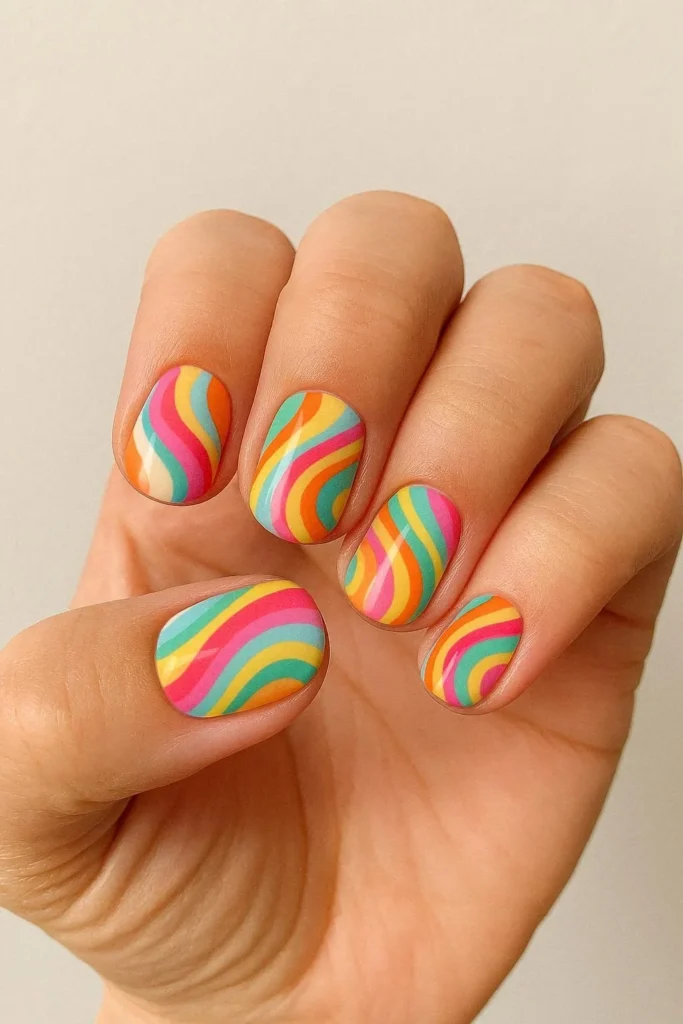 Short pucci nails with playful retro abstract swirl patterns