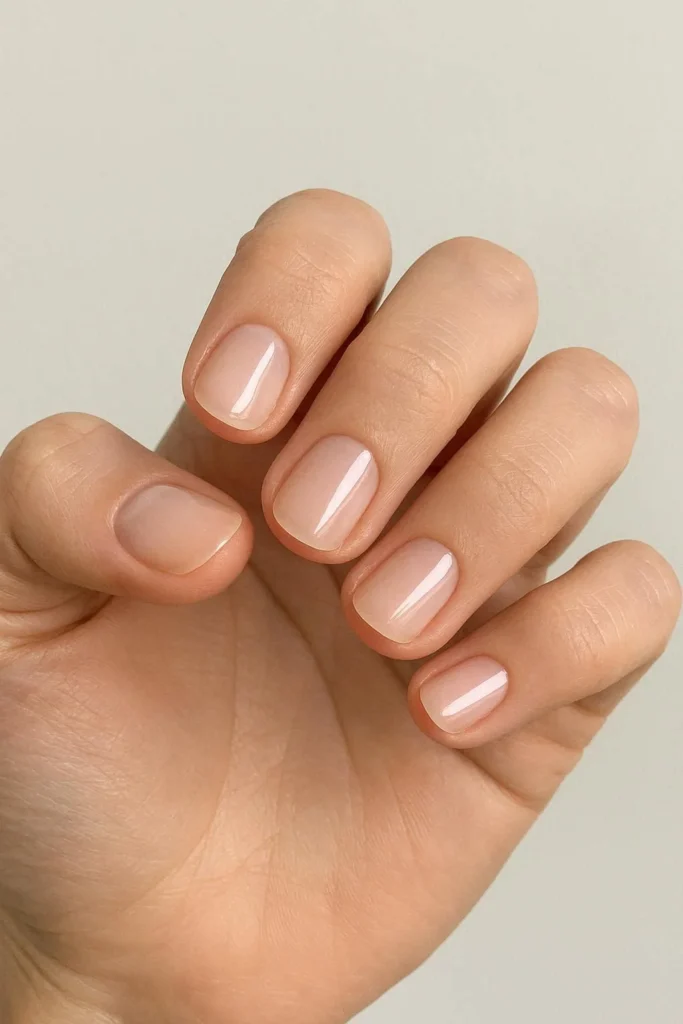 Short simple nails with a clean nude polish and neat shape