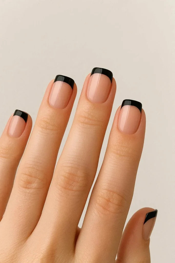 Short square black French tip nails clean bold look
