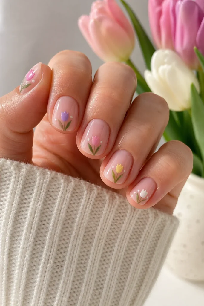 Short tulip nail designs with simple floral art on shorter nail lengths 