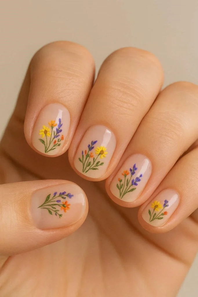 Short wildflower nails with delicate floral nail art 
