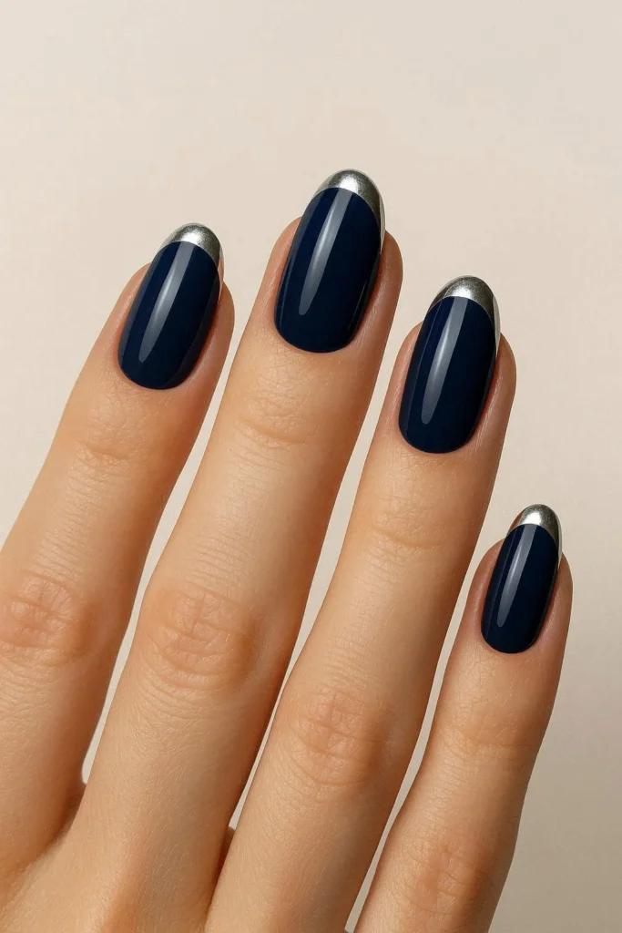 Silver accent holiday nails with metallic patriotic details