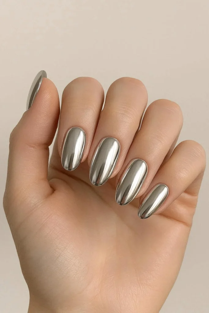 Reflective silver chrome nails for winter glam manicure 