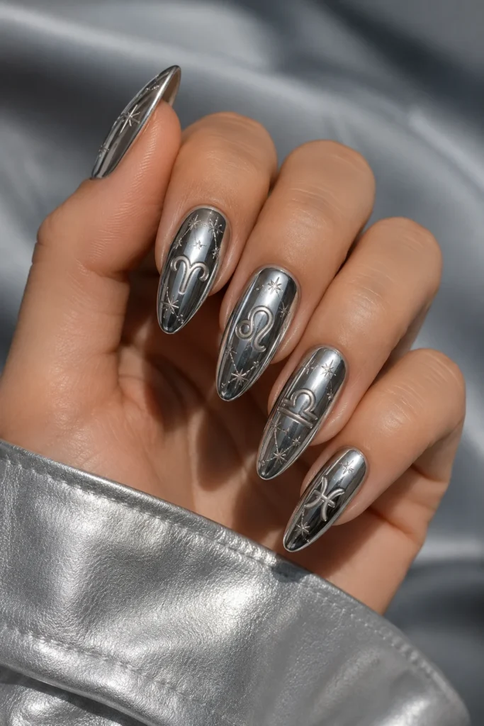 Silver chrome zodiac nails with futuristic metallic finish design 