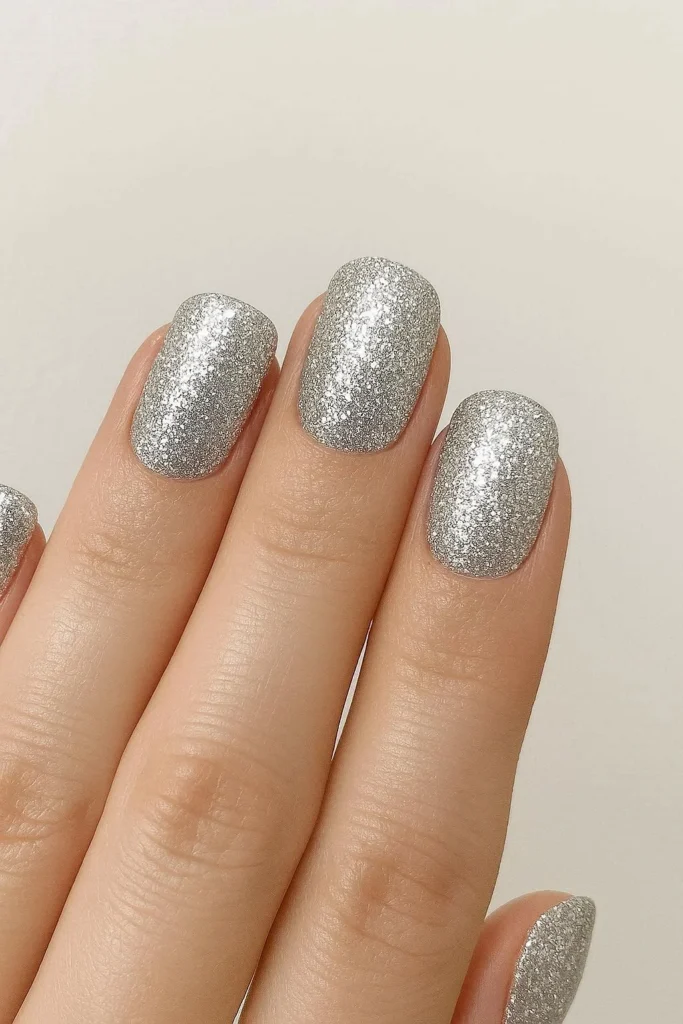 Silver glitter nails sparkling for 4th of July celebrations
