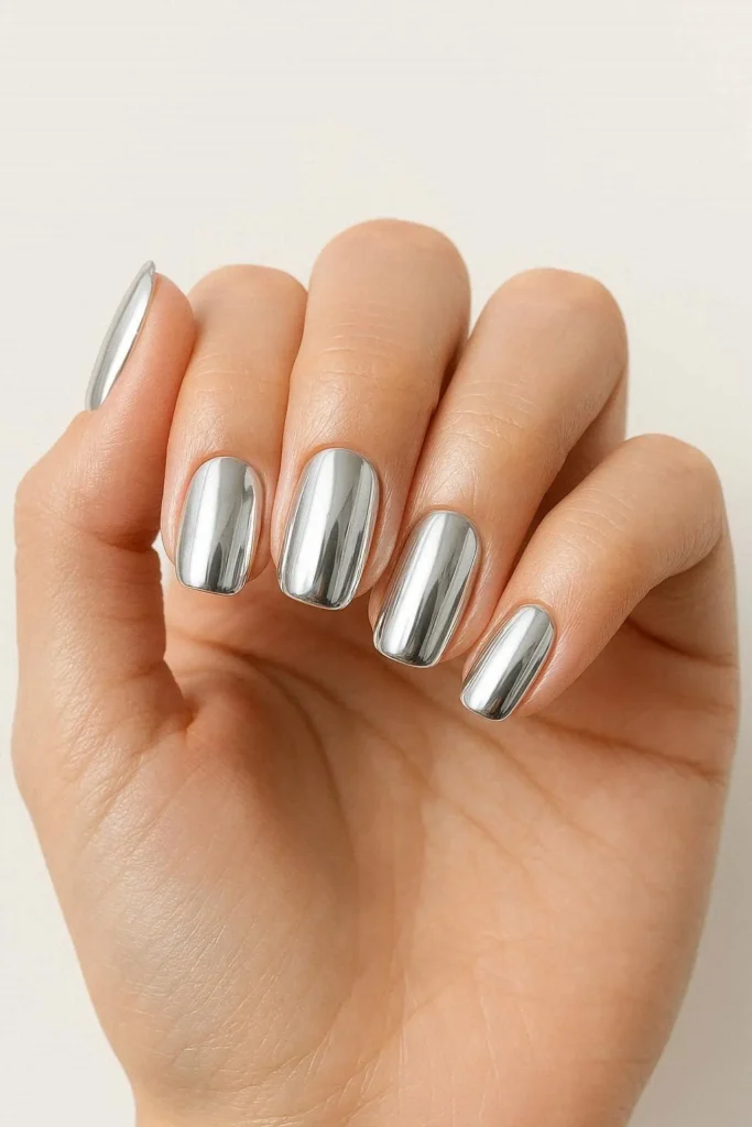 Mirror-like silver metallic nails with trendy Y2K finish
