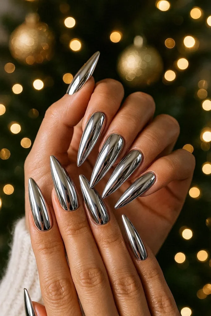 Silver mirror chrome stiletto nails for glamorous holiday party