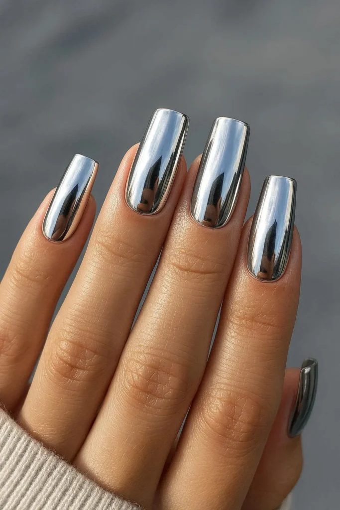 Silver mirror chrome nails for homecoming dance night 