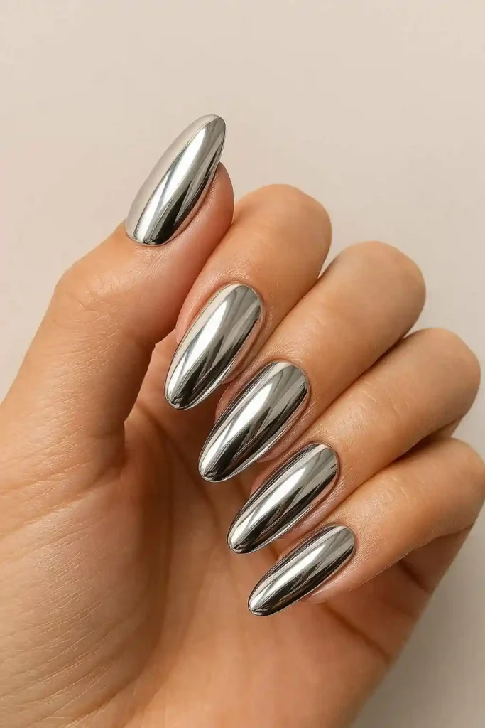 Silver mirror chrome nails with high-shine reflective finish