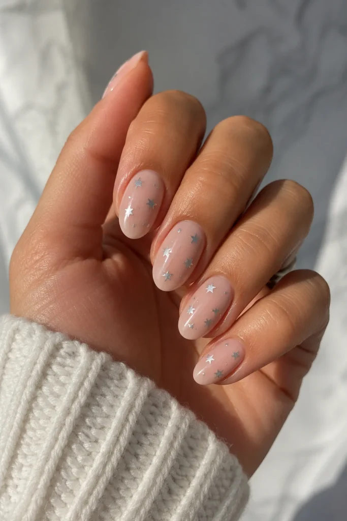 Silver star nails with tiny metallic stars and glossy finish design 