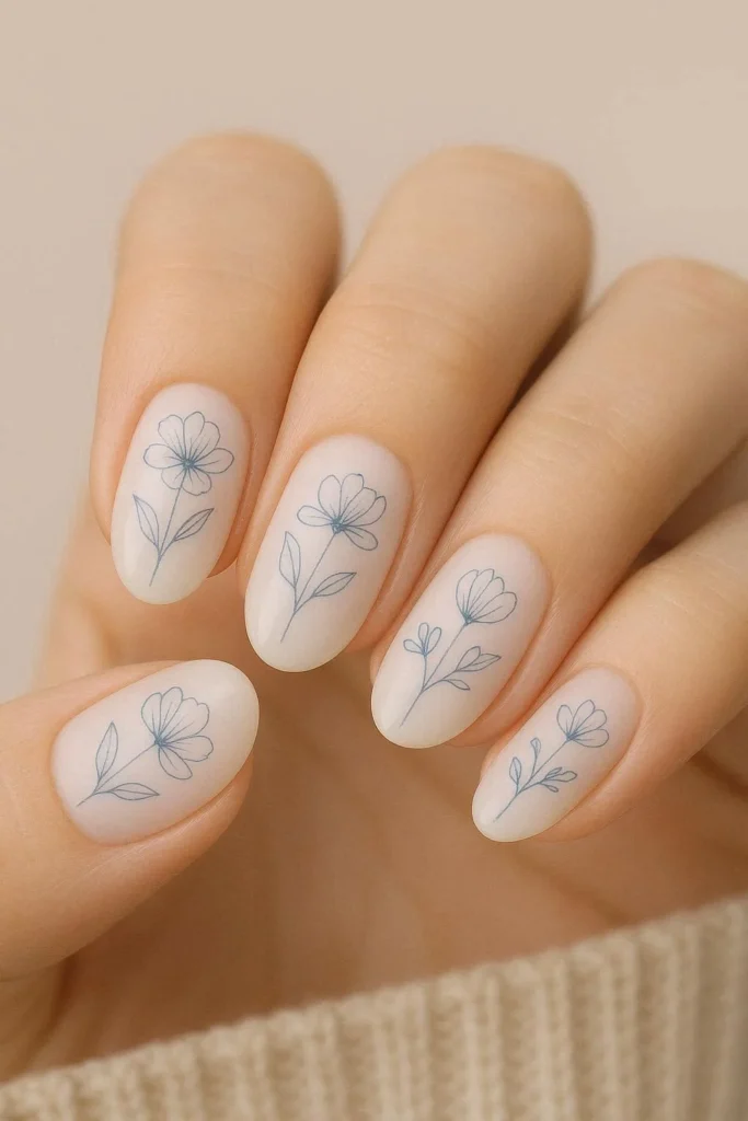 Simple minimalist blue floral line art nail design