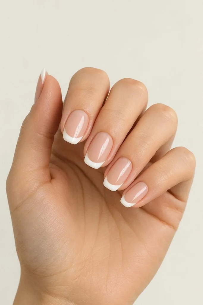 Simple French tip nails with clean white tips on nude base