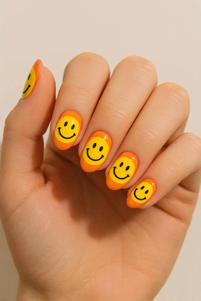 Bright smiley face nails on yellow Y2K base