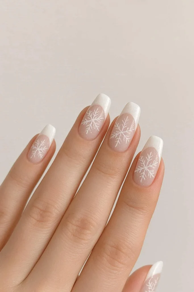Snowflake French tip nails with silver glitter winter design