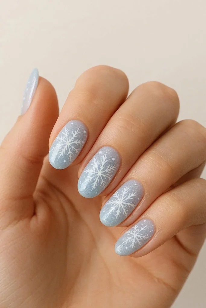  Delicate snowflake nail designs on icy blue winter nails