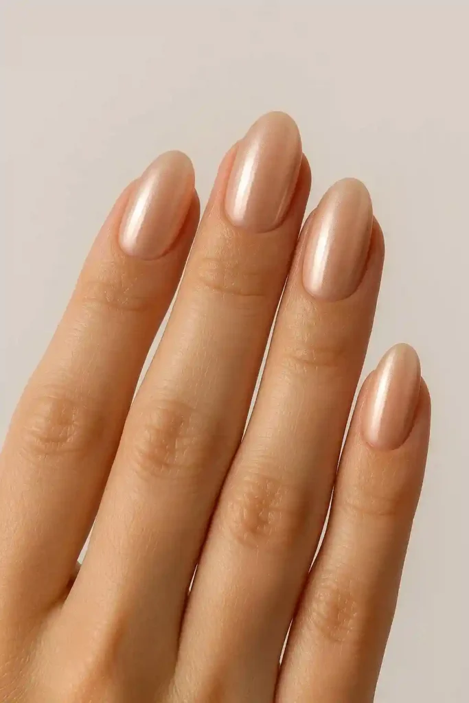 Soft nude chrome nails with subtle shimmer reflective finish