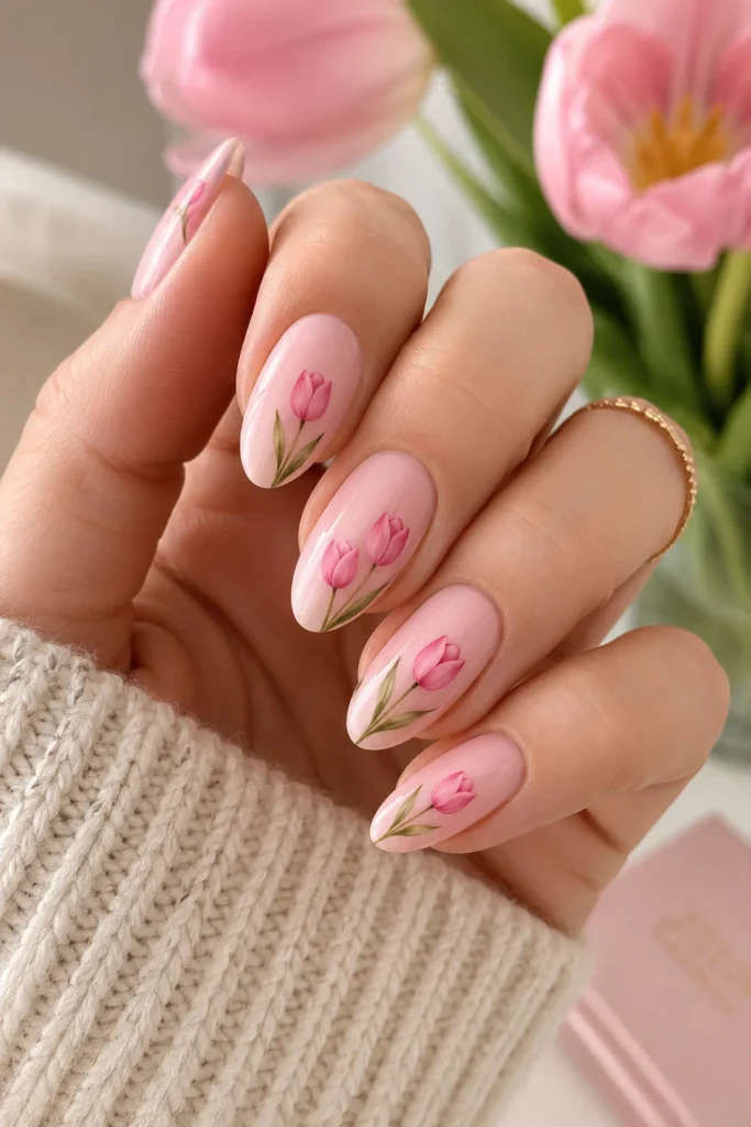 Soft pink tulip nail design with delicate rose petal art 