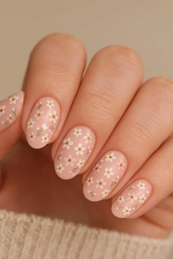 Soft pink wildflower nails with tiny white floral details 

