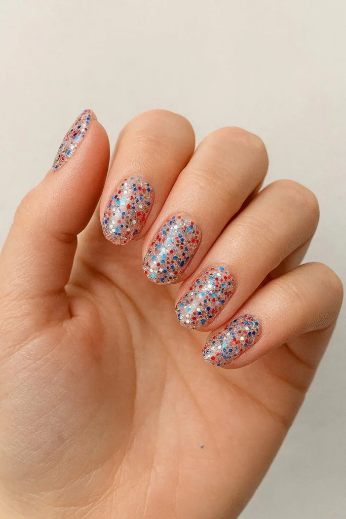 Sparkly confetti glitter nails in patriotic red white blue 