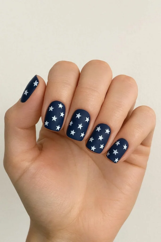 Star accent nails with white stars on navy blue base