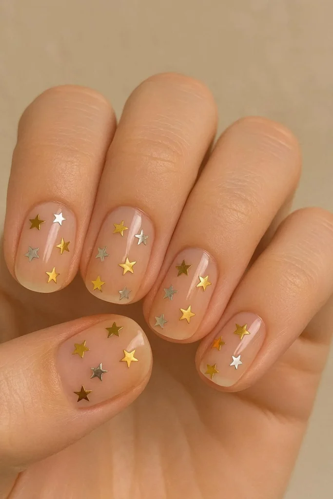 Star accent nails with metallic gold stars on nude base