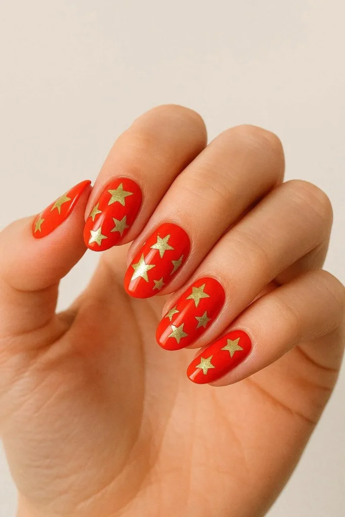 Metallic star nail designs on colorful Y2K base