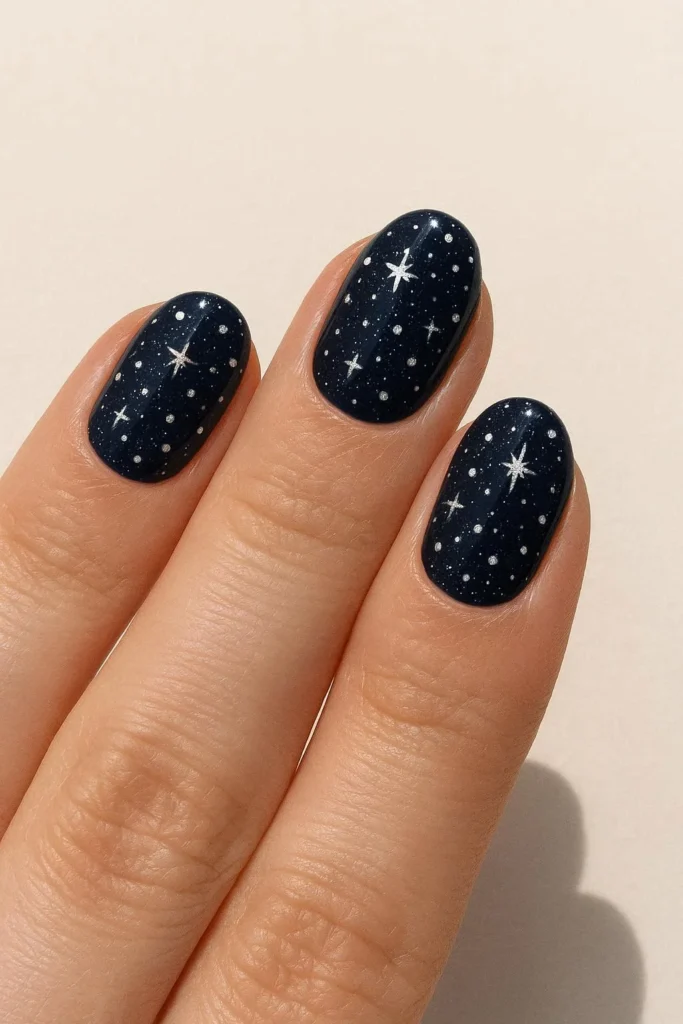  Starry night shimmer nails on deep dark winter background 