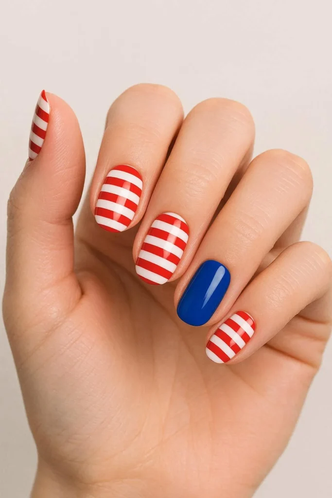 Striped patriotic nails with red and white stripe pattern