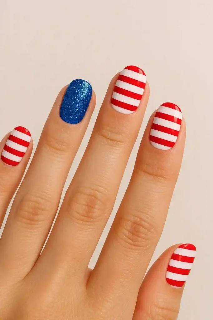 Striped patriotic nails in red and white for summer