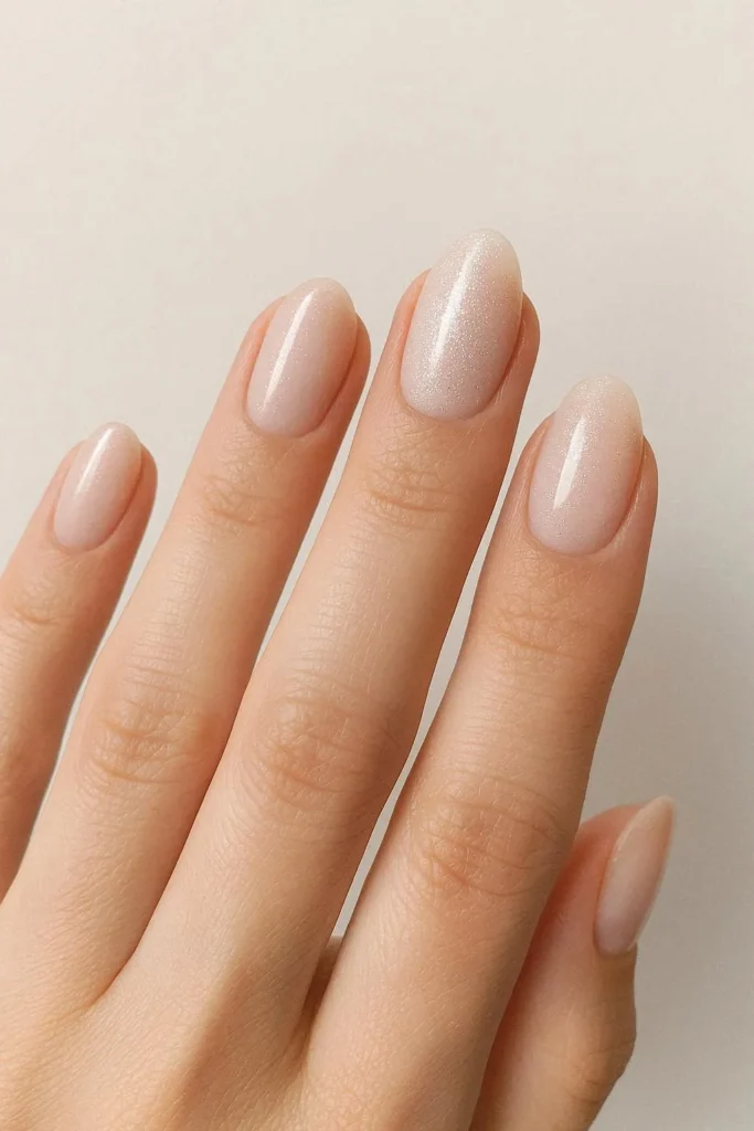 Subtle glitter oval nails with micro shimmer and polished soft finish