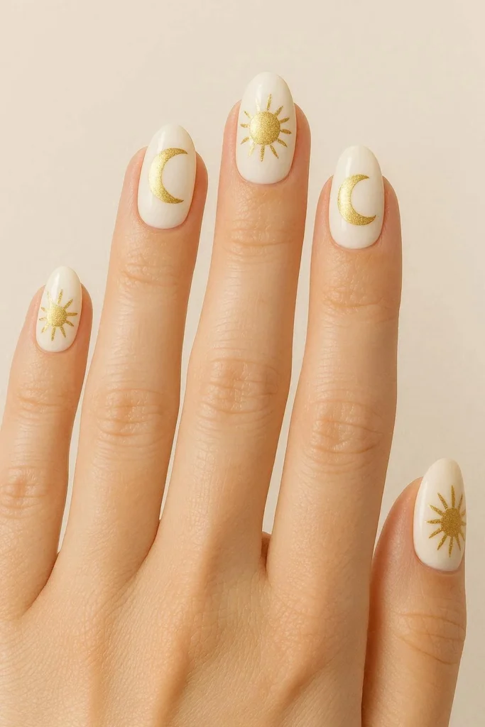 Sun and moon celestial boho nails on deep navy base