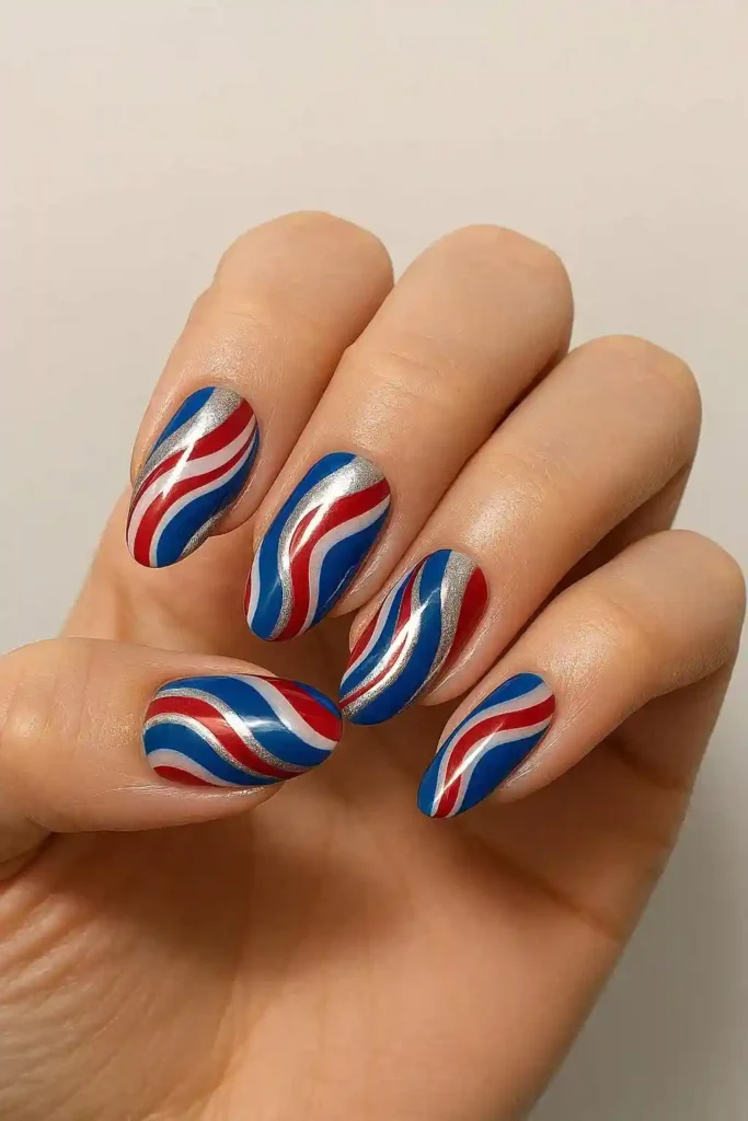 Red white blue swirl pattern nails for 4th of July holiday