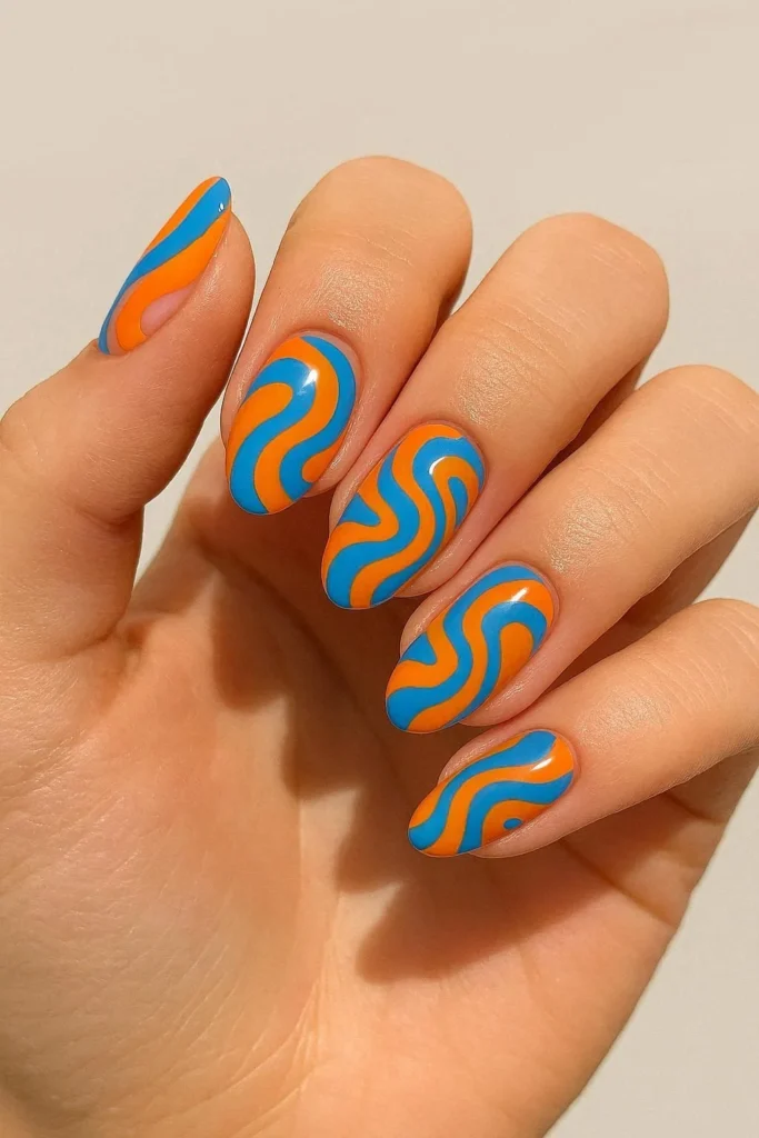  Colorful retro swirl pattern nails with glossy Y2K finish