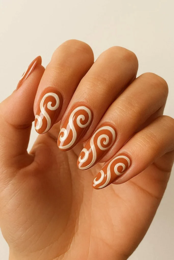 Terracotta swirl nails Mediterranean earthy Y2K nail art design
