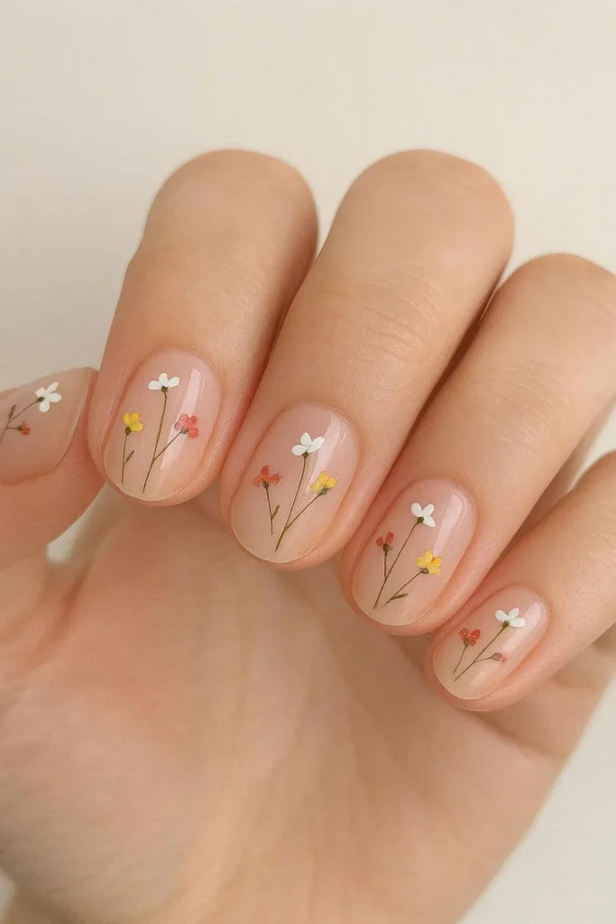 Tiny wildflower nail ideas on a nude base 