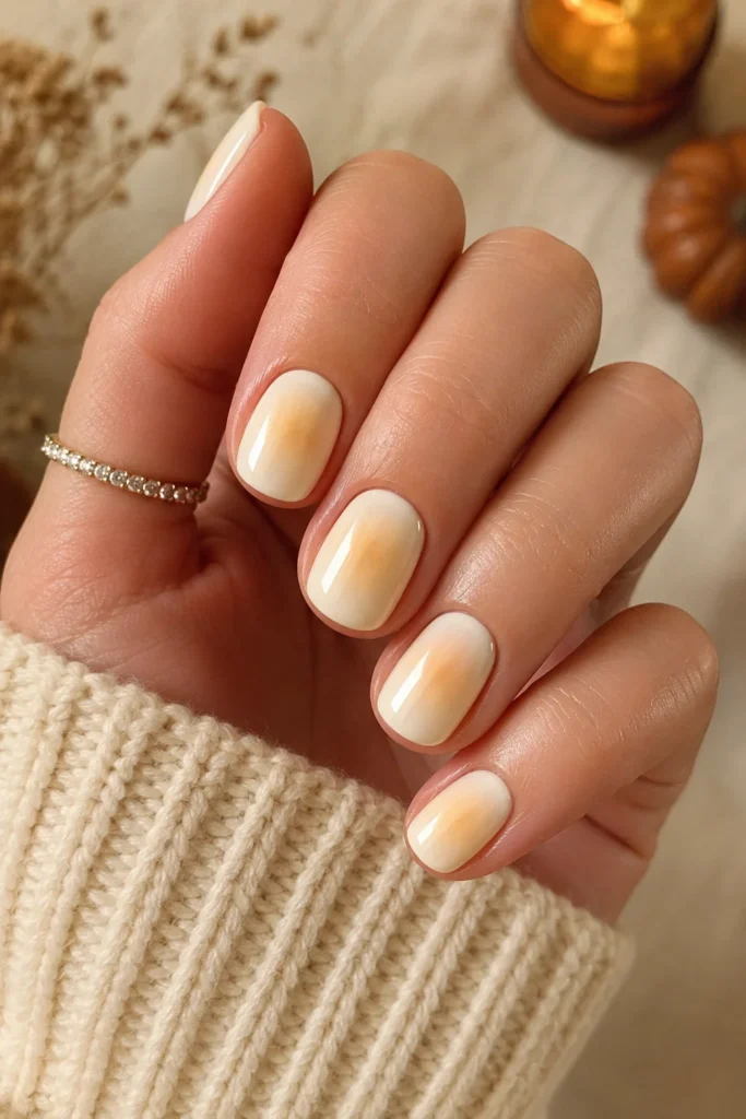 Toasted marshmallow cream satin oval nails for cozy fall look