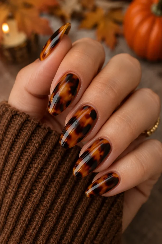 Tortoiseshell amber brown coffin nails for fall Thanksgiving style