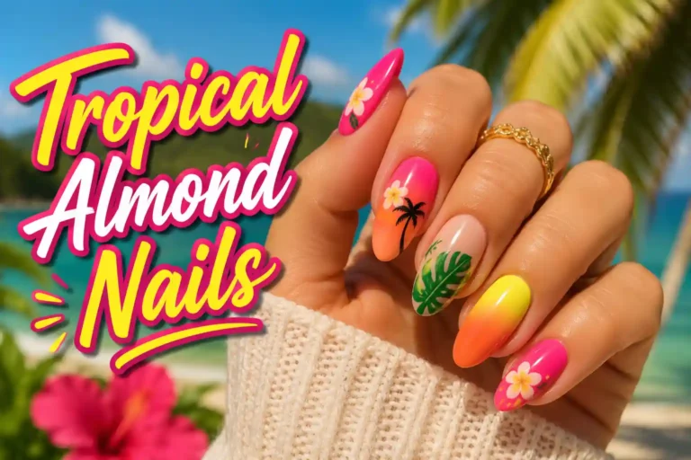 Bright tropical almond nails with colorful floral and palm tree nail art