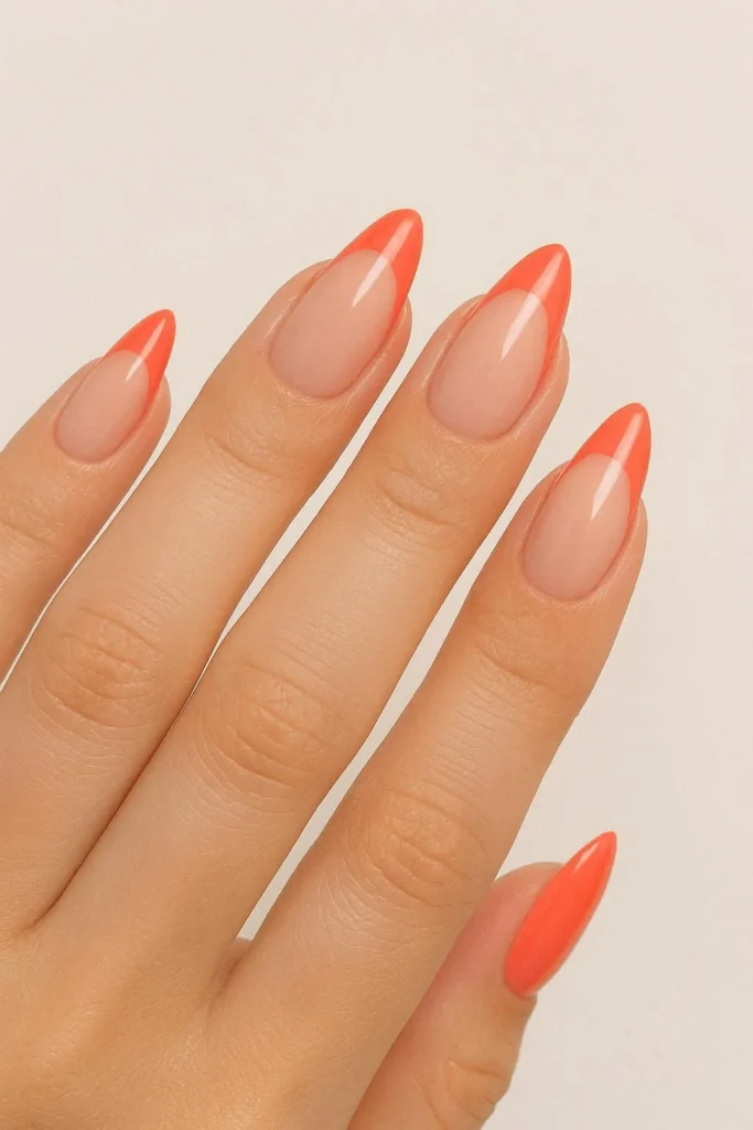 Tropical French tip almond nails with colorful coral and green tips