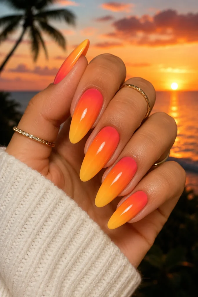 Tropical sunset ombre nails coral orange yellow gradient 